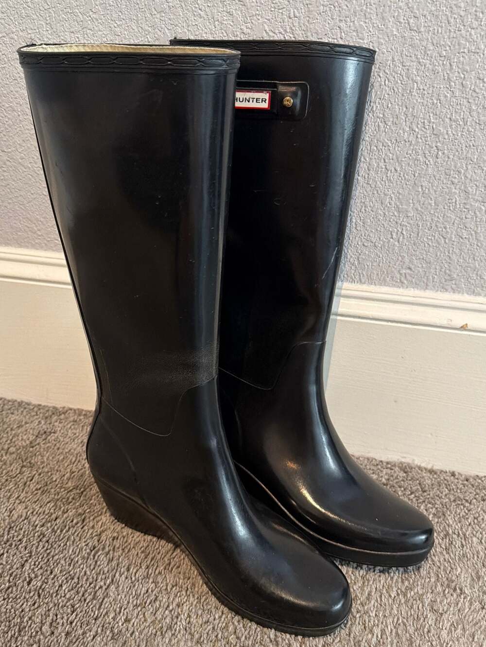 Hunter Original Refined Tall Gloss Rubber Wedge Rain Boots Black - Picture 4 of 8
